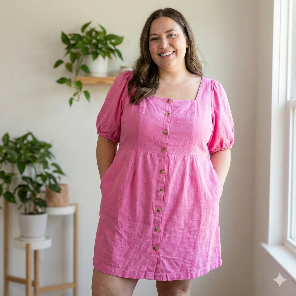 Old Navy Dress‎ Womens Plus Size 2X Pink Linen Blend Square Neck Puff Sleeve NWT
